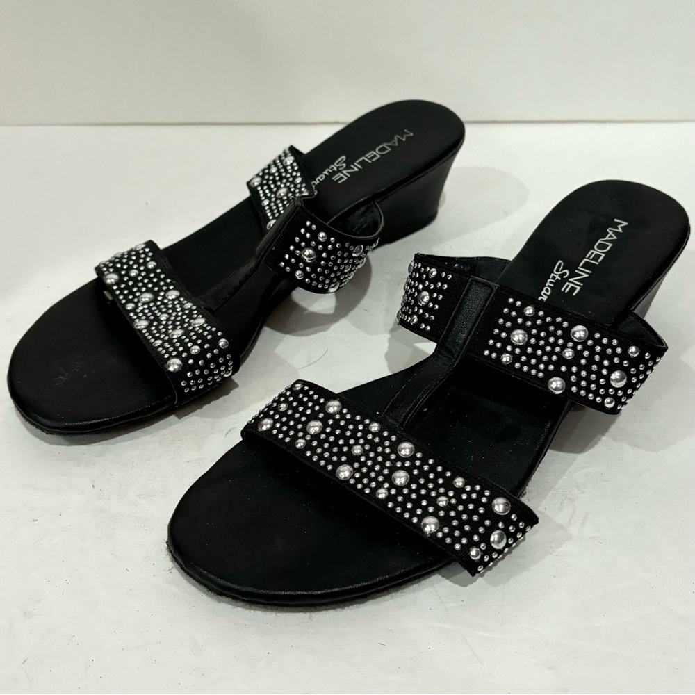 MADELINE STUART Women’s Black Rhinestone Strappy Slip On Wedge Sandals -size 7.5